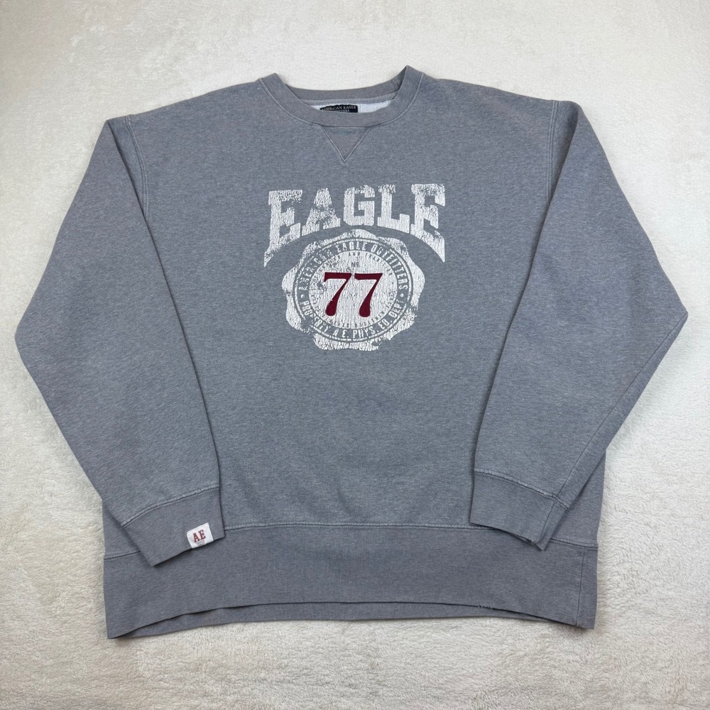 American Eagle Outfitters Mens L Gray Graphic‎ Crewneck Sweatshirt 77 Eagle Y2K